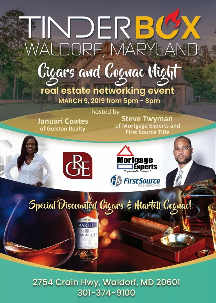 Flyer for a Cigars and Cognac real estate networking night